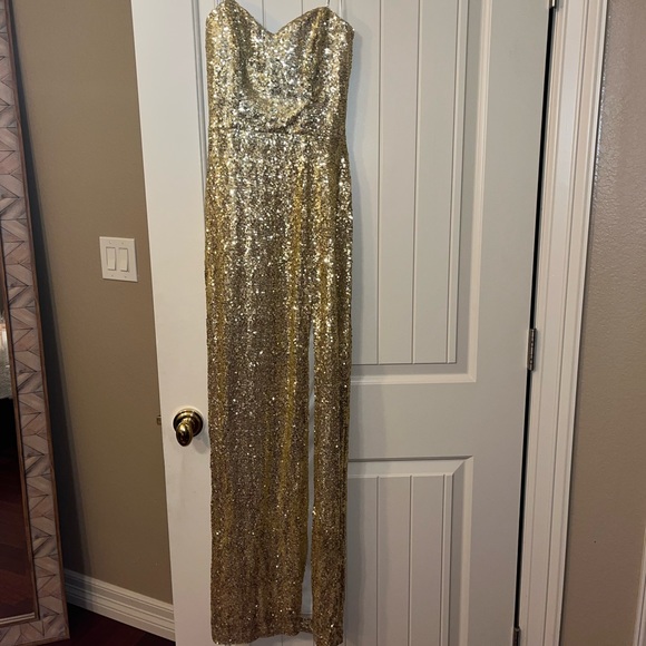 Dillards long gold sequen slit on leg strapless dress size 5/6 worn 1x - Picture 2 of 7